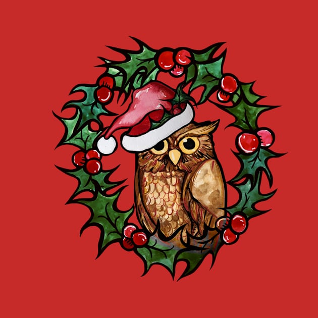 Christmas Owl With Cute Santa Hat and Wreath by bubbsnugg