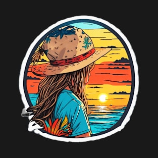 Beach Loving Girl looking at Sunset over the Sea T-Shirt