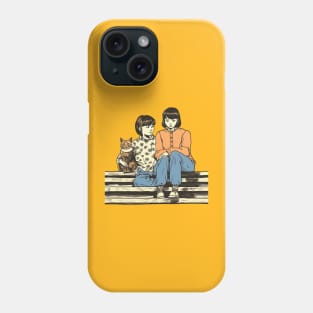 Two asian young girls sitting on stairs with cat Phone Case