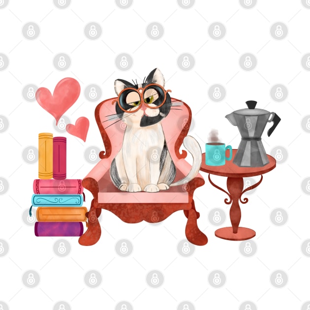Cat, books and coffee by PrintAmor