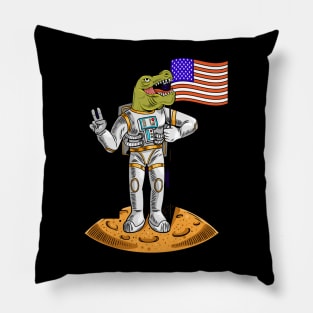 Engraving cool dude in space suit dino t-rex hold american usa flag on moon the first flight on moon space Pillow
