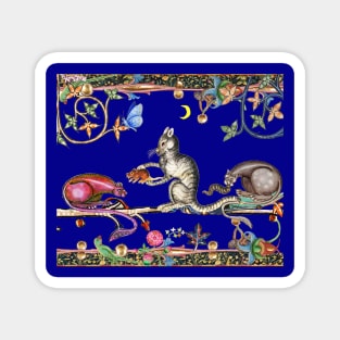 WEIRD MEDIEVAL BESTIARY THREE HUNTER CATS AND MOUSE IN BLUE NIGHT Magnet