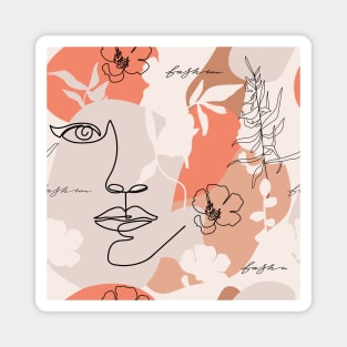 Terracotta background. One line continuous woman face, flowers, leaves and various shapes. Magnet