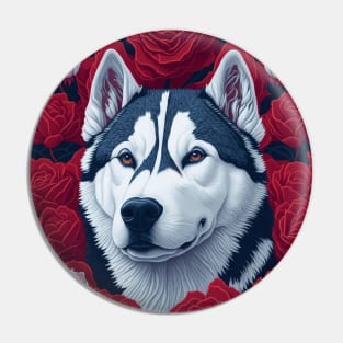 Dogs, Husky and flowers, dog, style vector (red version Siberian Husky) Pin