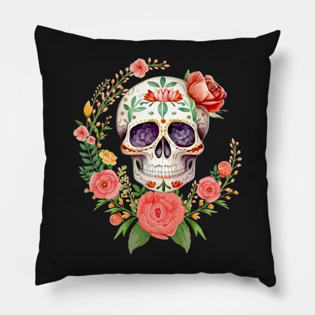 Pink Floral Dia De Los Muertos Sugar Skull Pillow by Atteestude