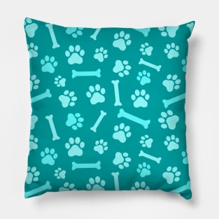 Pet - Cat or Dog Paw Footprint and Bone Pattern in Blue Tones Pillow