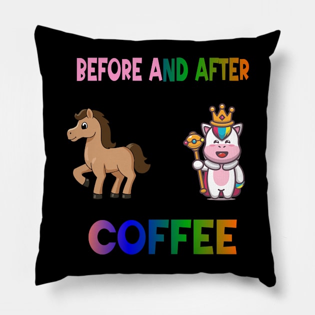 Before and after coffee Unicorn Pillow by A Zee Marketing