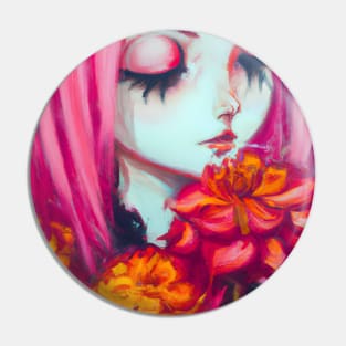 Pink Haired Girl with Dahlia Flowers Pin