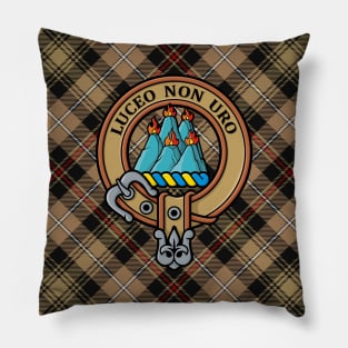 Clan MacKenzie Crest over Brown Hunting Tartan Pillow