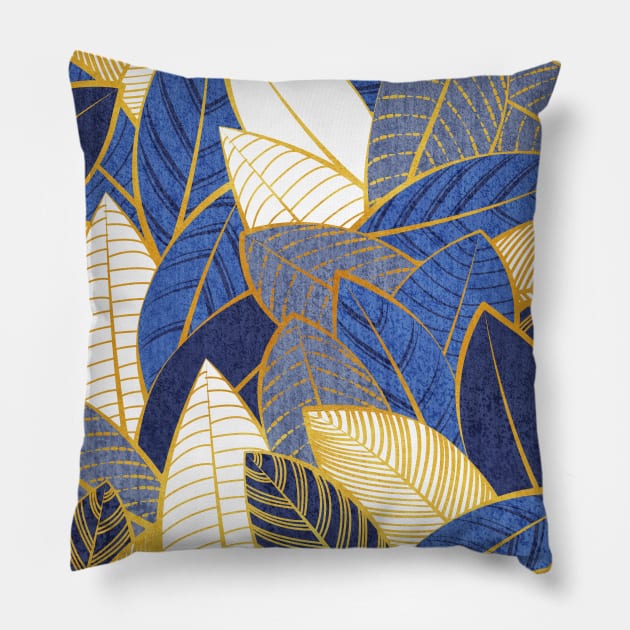 Leaf wall // pattern // navy royal and pale blue leaves golden lines Pillow by SelmaCardoso