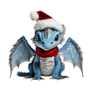 Realistic Artwork of a Cute Blue Baby Dragon Wearing a Red Festive Christmas Hat T-Shirt