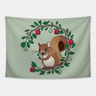 Cottagecore Squirrel Eating Pears and Apples Embroidery style wreath Tapestry