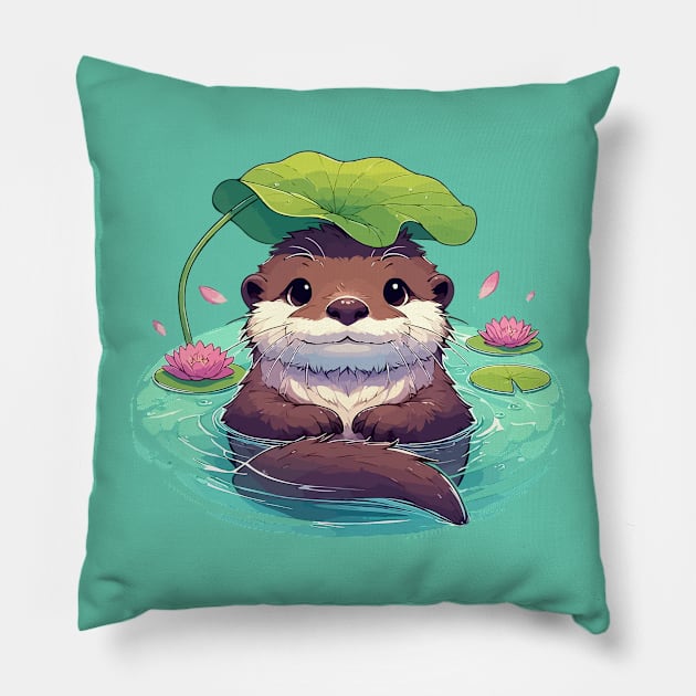 Kawaii Anime Otter Bath With Water Lily Pillow by TomFrontierArt