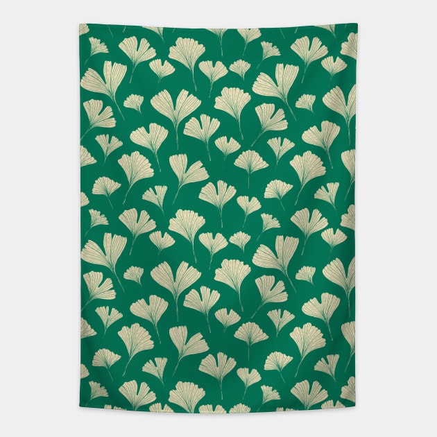 Ginkgo biloba leaves botanical pattern in dark green Tapestry by Natalisa