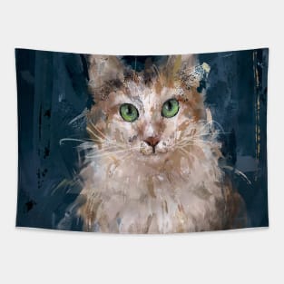 A Grungy Painting of a White and Brown Cat Tapestry