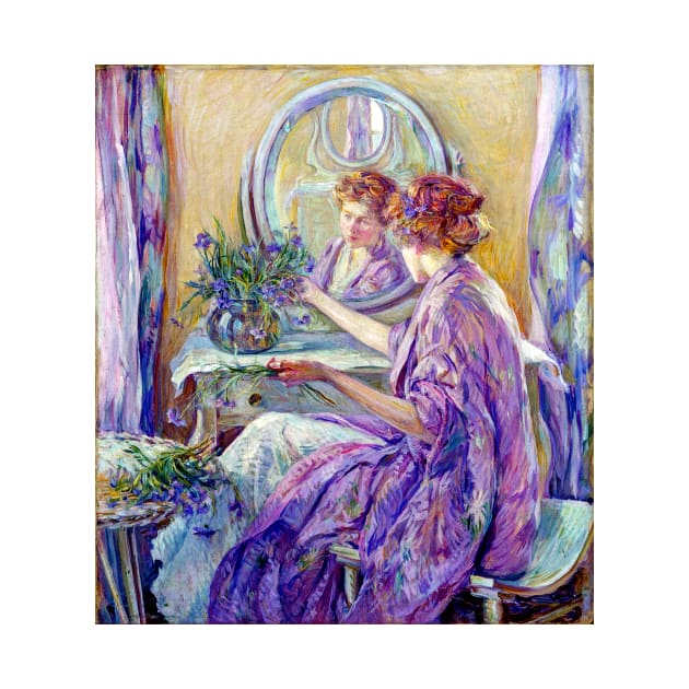 Woman in Violet Kimono Arranging Purple Flowers At A Table and Mirror, Robert Reid 1910 by rocketshipretro