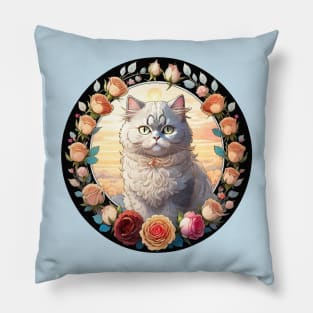 Silver Persian Cat Rose Wreath Pillow