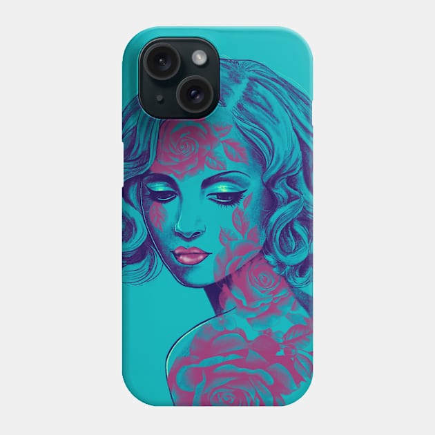 Retro Rose Girl in blue Phone Case by Huldra Tattoo