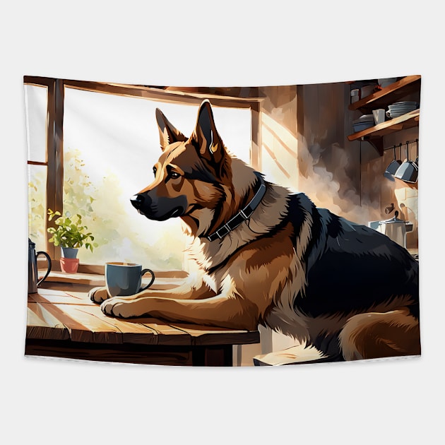 German Shepherd having his breakfast Tapestry by Aeons