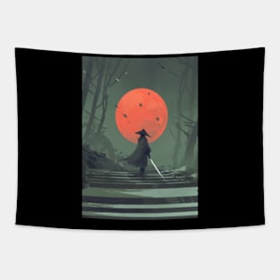 Samurai and red moon Tapestry