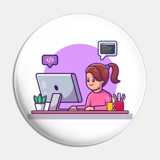 Cute Girl Working On Computer Pin