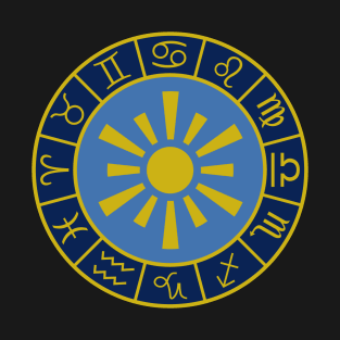 Astrological Zodiac Symbols Wheel+Sun Gold+Blues T-Shirt