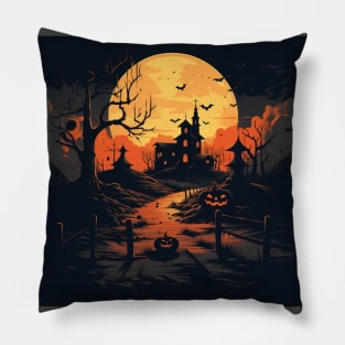 Spooky Halloween: Haunted House and Pumpkins Pillow