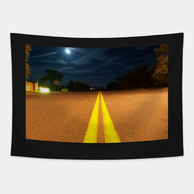 Yellow road lines stretch ahead in night light Tapestry by brians101