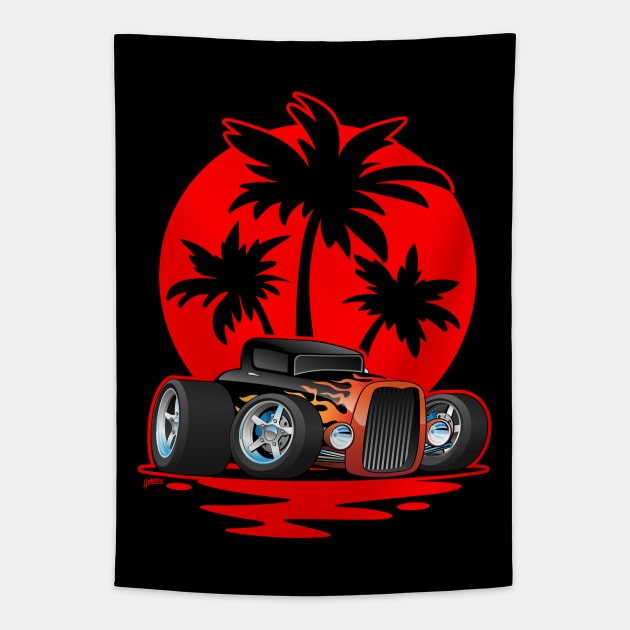 Classic 30s Style Hot Rod Car at Sunset with Palm Trees Tapestry by hobrath