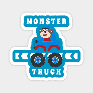 Cartoon vector of monster truck with little animal driver. Magnet