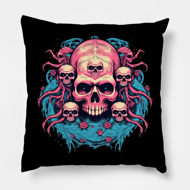 Wiccan Skull with Flowers and Little Skulls Pillow by TOKEBI
