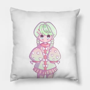 Chibi Girl With Green Hair, Kawaii Design Pillow