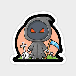 Cute Grim Reaper Holding Scythe Cartoon Vector Icon Illustration Magnet