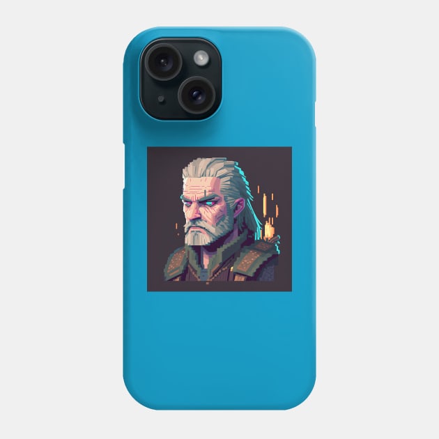 Pixel art illustration of the concentrated Witcher Geralt Phone Case by KOTYA