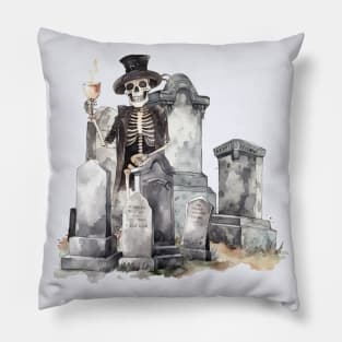 Skeleton at A Party in the Graveyard Pillow