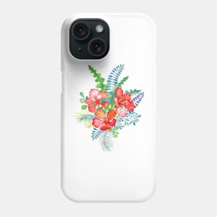 Tropical red Delonix flowers and palm leaves bouquet Phone Case