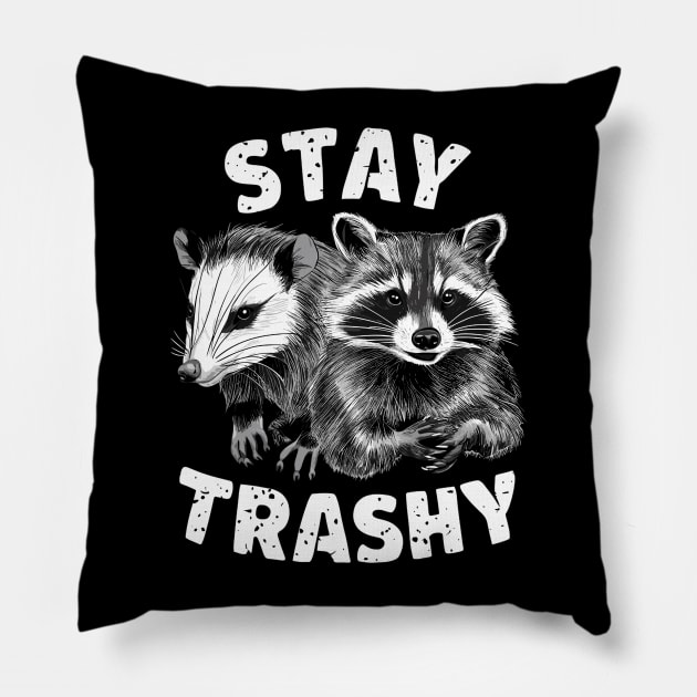 Stay Trashy Funny Possum And Raccoon Pillow by Lovelydesignstore