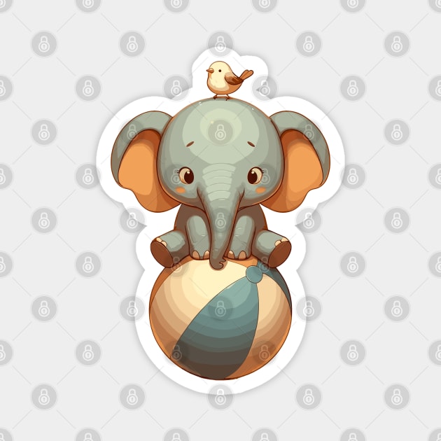 Kawaii Circus Elephant with bird On Ball Magnet by TomFrontierArt