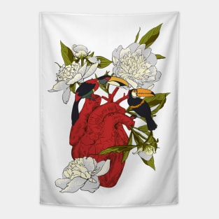 Heart with Flowers, Leaves and Birds Tapestry