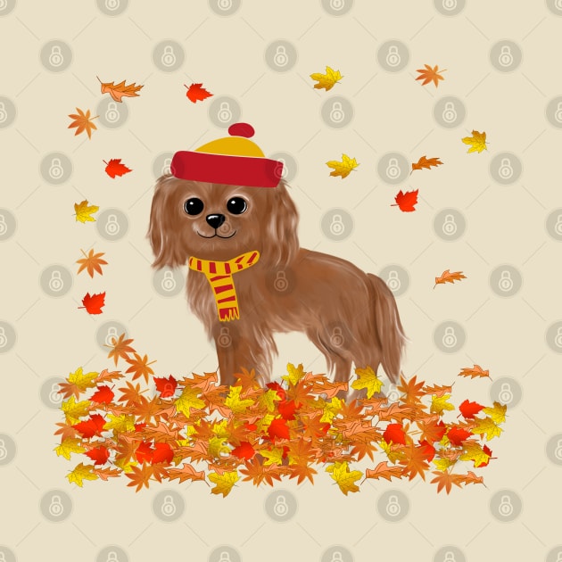 Ruby Cavalier King Charles Spaniel in Fall Leaves by Cavalier Gifts