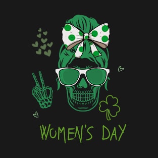 Womens St Patricks Day Skull Messy Bun Saint Pattys Paddys Women T-Shirt