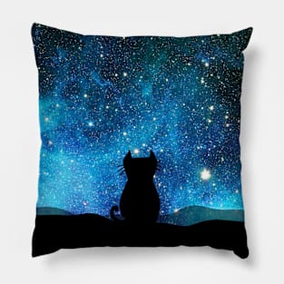 Cat in space - blue Pillow