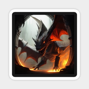 Evil Black Dragon with Wings surrounded by Fire in a Cave Magnet