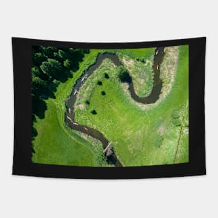 Aerial view of canoes on Rospuda river on a sunny day Tapestry