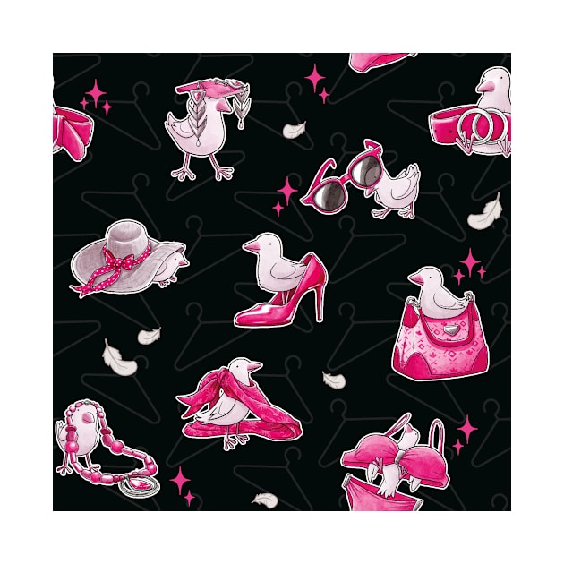 Fashion Bird Pattern - Black & Pink by JadedSketch