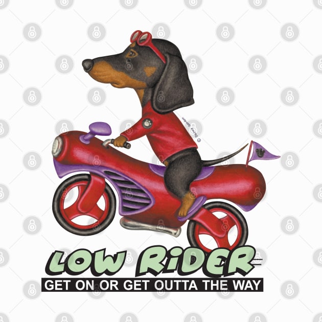 Cute adorable Black Doxie Dachshund Riding vintage classic Motorcycle by Danny Gordon Art