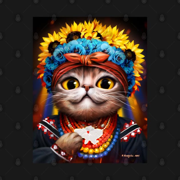 Cute Ukrainian cat patriot in the wreath of flowers by Marysha_art