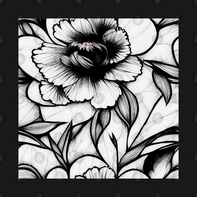 Vintage Floral Cottagecore  Romantic Flower Peony Design Black and White by VintageFlorals