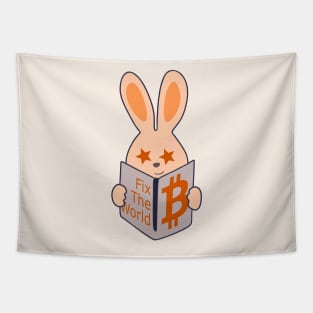 Happy bunny - Orange-pilled rabbit reading Bitcoin book Tapestry