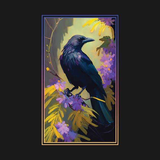 Crow Vibrant Tropical Flower Tall Digital Oil Painting Portrait by ArtHouseFlunky